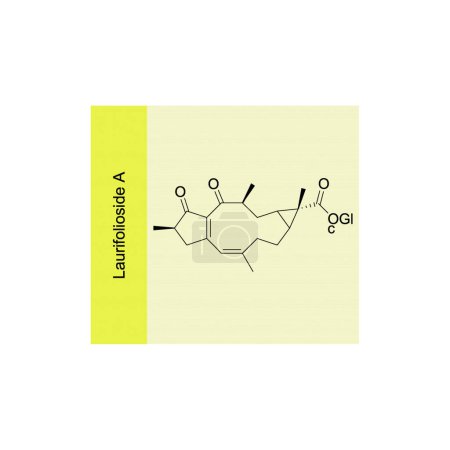 Laurifolioside A skeletal structure diagram.Diterpenoid compound molecule scientific illustration on yellow background.