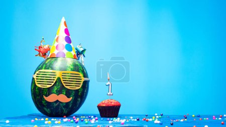 Photo for Creative happy birthday greeting with muffin festive garlands decoration. Fan greeting card. Copy space. Beautiful happy birthday background with burning candles with number  1 - Royalty Free Image