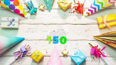 Photo for Beautiful colorful greeting card on the background of white boards happy birthday copy space. Beautiful ornaments and decorations festive background. Happy birthday number 150 - Royalty Free Image