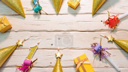 Photo for Beautiful colorful card on the background of white boards happy birthday in golden hues copy space. Beautiful ornaments and decorations of gold color festive background. Happy birthday number 1. - Royalty Free Image