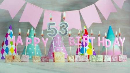 Téléchargez les photos : Happy birthday number 53 in pink pastel colors for a girl or woman. Happy birthday greeting card - en image libre de droit