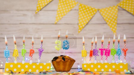 Foto de Festive card Happy Birthday with number of burning candles. Beautiful background copy space, happy birthday with digit number 38 - Imagen libre de derechos