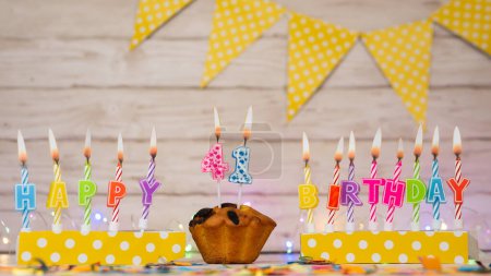 Foto de Festive card Happy Birthday with number of burning candles. Beautiful background copy space, happy birthday with digit number 41 - Imagen libre de derechos