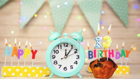 Photo for Happy birthday greeting card with muffin pie and retro clock on clock hands new birth. Beautiful background with decorations festive happy birthday decoration with number 13 - Royalty Free Image
