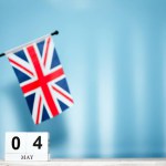 May Calendar With British Flag With Number  4. Calendar cubes with numbers. Space copy.