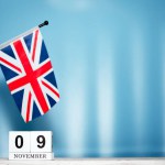 November Calendar With British Flag With Number  9. Calendar cubes with numbers. Copy space.