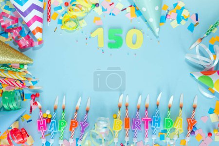 Photo for Top view card happy birthday with number  150. Copy space. Postcard holiday anniversary. Happy birthday multicolored background for mensto text, with a numeral with pretty decorations in pastel colors. - Royalty Free Image