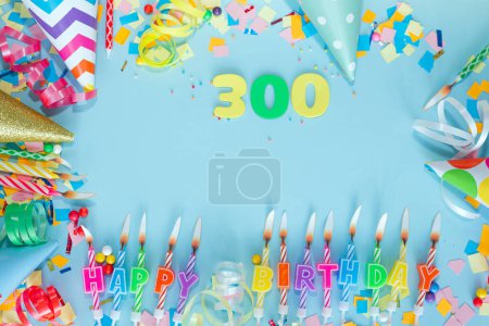 Photo for Top view card happy birthday with number  300. Copy space. Postcard holiday anniversary. Happy birthday multicolored background for mensto text, with a numeral with pretty decorations in pastel colors. - Royalty Free Image