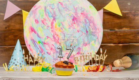 Photo for Date of Birth  17. Happy birthday candles. Pie with burning candles. Congratulation postcard. Anniversary. Festive muffin with decorations. Copy space. - Royalty Free Image