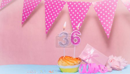 Date of Birth  36. Greeting card in pink shades. Anniversary candle numbers. Happy birthday girl, polka dot garland decoration. Copy space.
