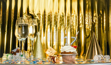 Photo for Background date of birth with number 17. Scenery festive glasses of champagne, anniversary in golden color. Copy space. Happy birthday postcard. - Royalty Free Image