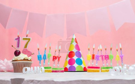 Photo for Background date of birth number  17. Anniversary. Beautiful festive background with candles for a girl. Women's congratulations postcard. Happy birthday in pink. - Royalty Free Image
