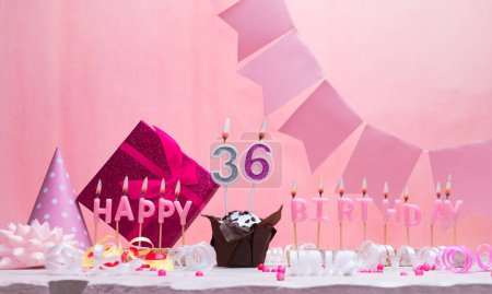 Background card date of birth for a girl  36. Anniversary. Beautiful festive background with candles. Women's congratulations card with a cake. Happy birthday in pink. copy space