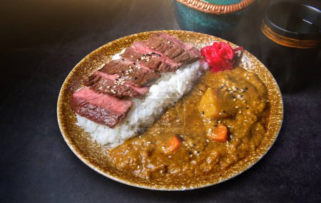 Photo for Yaki niku kare rice or Japanese style beef grilled with curry rice - Royalty Free Image
