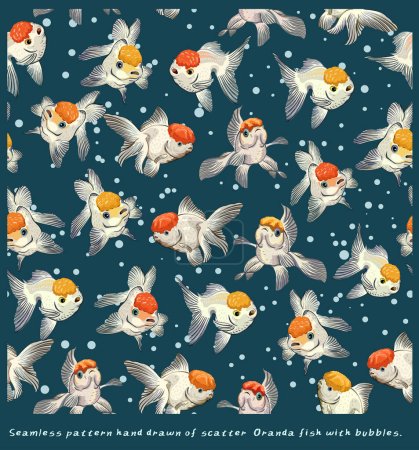 Seamless pattern hand drawn of scatter  Oranda fish with bubbles