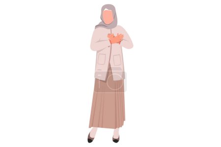 Illustration for Business flat cartoon style drawing Arab businesswoman with pleased expression keeps hands on chest, impressed by good gratitude. Expresses love, thankful feelings. Graphic design vector illustration - Royalty Free Image