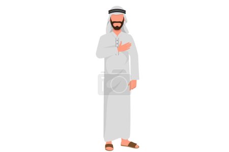 Ilustración de El dibujo de dibujos animados planos de negocios del agradable hombre de negocios árabe mantiene la mano en el pecho, expresa gratitud, agradecido por la ayuda, el apoyo, mostrando el corazón lleno de amor. Diseño gráfico vector ilustración - Imagen libre de derechos