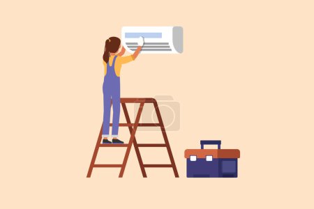 Illustration for Business design drawing air conditioning repair. Beauty repairwoman technician repairing air conditioner. Cooler unit repair, maintenance professional service. Flat cartoon style vector illustration - Royalty Free Image