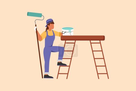 Illustration for Business flat drawing repairwoman painter in overalls standing with painting roller brush, bucket, ladder. Room painter. Handywoman concept. Construction worker. Cartoon design vector illustration - Royalty Free Image