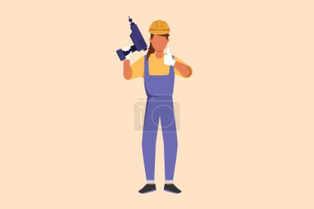 Illustration for Business design drawing repairwoman worker holding electric drill tool for work repair. Builder fixing home cupboard interior. Handywoman in overalls with instrument. Flat cartoon vector illustration - Royalty Free Image