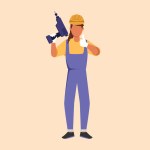 Business design drawing repairwoman worker holding electric drill tool for work repair. Builder fixing home cupboard interior. Handywoman in overalls with instrument. Flat cartoon vector illustration