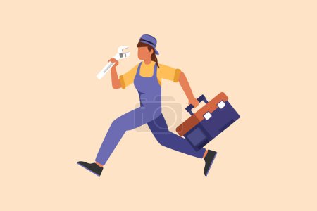 Illustration for Business flat drawing mechanic repairwoman worker with tools is running. Technical service. Plumber with monkey wrench and toolbox run forward. Handywoman working. Cartoon design vector illustration - Royalty Free Image