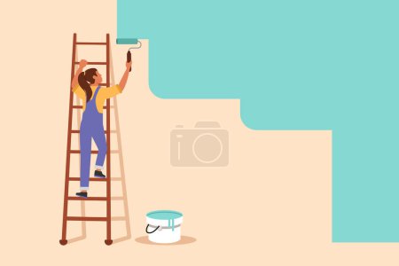 Illustration for Business flat cartoon style drawing painter standing on ladder paints wall. Handywoman holding paint roller. Repairwoman provide home construction. Worker overalls. Graphic design vector illustration - Royalty Free Image