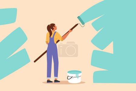 Illustration for Business flat drawing painter decorator repairwoman at work. Female repair worker holding paintbrush roller, painting house apartment wall, home renovation service. Cartoon design vector illustration - Royalty Free Image