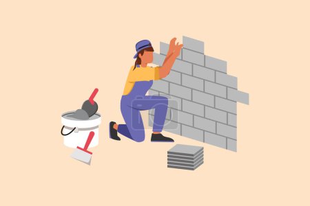 Illustration for Business flat cartoon style drawing repair worker laying ceramic wall tile. Professional tiler in uniform working. Repairwoman in overalls tiling at home decoration. Graphic design vector illustration - Royalty Free Image