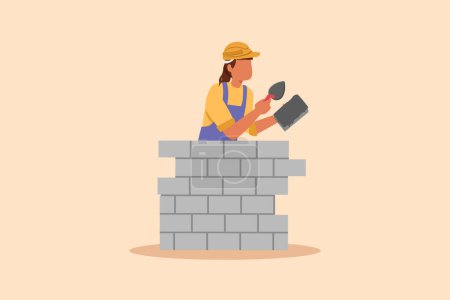 Illustration for Business design drawing beautiful repairwoman building brick wall. Construction worker in overalls and helmet doing work. Builder concept. Repair work services. Flat cartoon style vector illustration - Royalty Free Image