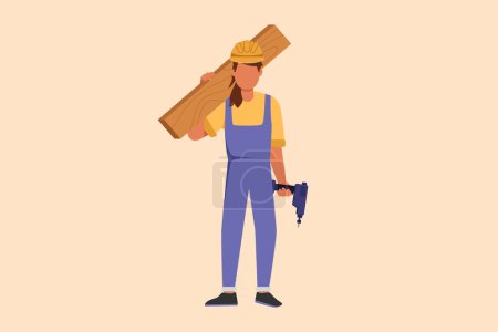 Illustration for Business design drawing timber frame house construction worker. Repairwoman standing with board, tool box, drill. Building, construction, repair work services. Flat cartoon style vector illustration - Royalty Free Image