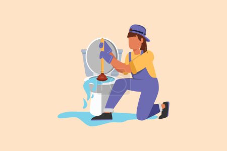 Illustration for Business design drawing handywoman toilet cleaning, plumbing service. Plumbing toilet leakage, clogging, plumber repair tools. Sewage system. Toilet bowl, sewer. Flat cartoon style vector illustration - Royalty Free Image