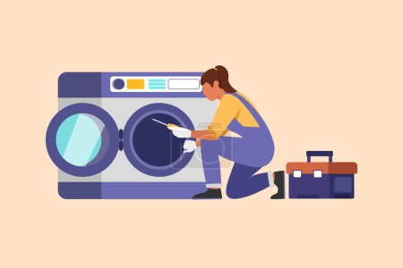 Illustration for Business design drawing professional repairwoman fixing washing machine at home. Plumbing specialist toolbox, fixing or repairing washer for business laundry. Flat cartoon style vector illustration - Royalty Free Image