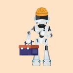 Business flat cartoon style drawing robot plumber standing and holding tools box. Home decoration services. Robotic artificial intelligence. Technology industry. Graphic design vector illustration