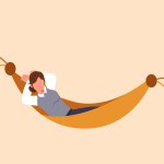 Business design drawing relaxed businesswoman lying in hammock and dreaming about big money. Comfort, vacation, resting, recreation. Achieve financial freedom. Flat cartoon style vector illustration