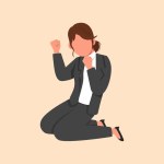 Business flat cartoon drawing happy businesswoman kneeling with gesture of both hands yes. Worker celebrates salary increase from company. Success business target. Graphic design vector illustration