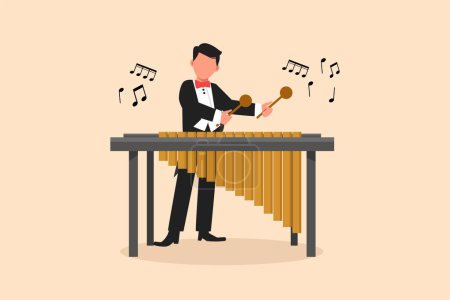Illustration for Business flat cartoon style draw man percussion player character play marimba. Young male musician playing traditional Mexican marimba instrument at music festival. Graphic design vector illustration - Royalty Free Image