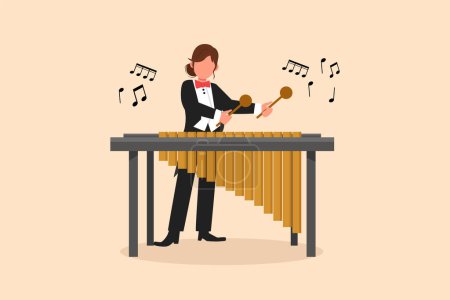 Illustration for Business design drawing woman percussion player play marimba. Young female musician playing traditional Mexican marimba instrument at music festival. Flat cartoon style character vector illustration - Royalty Free Image