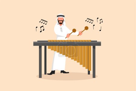 Illustration for Business flat cartoon drawing Arabian man percussion player character play marimba. Male musician playing traditional Mexican marimba instrument at music festival. Graphic design vector illustration - Royalty Free Image