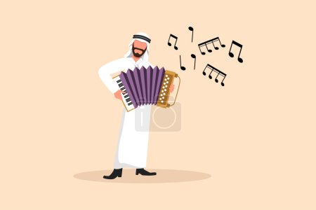 Téléchargez les illustrations : Business plat dessin homme arabe musicien personnage jouer de l'accordéon. Homme interprète joue de l'instrument de musique acoustique. Accordéoniste jouer de l'instrument de musique. Illustration vectorielle de dessin animé - en licence libre de droit