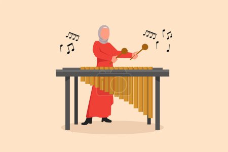 Illustration for Business flat cartoon style drawing Arabian woman percussion player play marimba. Female musician playing traditional Mexican marimba instrument at music festival. Graphic design vector illustration - Royalty Free Image