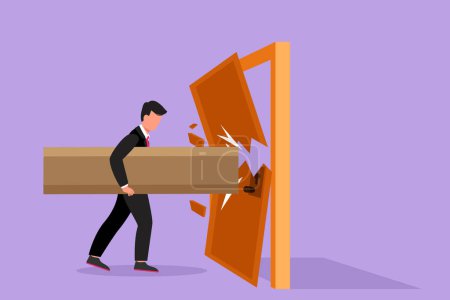Illustration for Character flat drawing of young businessman holding large log and destroying door. Overcome business challenges, and destroying obstacles with power and brute force. Cartoon design vector illustration - Royalty Free Image
