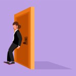 Cartoon flat style drawing of businesswoman pushing door with her back. Business struggles metaphor. Strength for success. Business concept of overcoming obstacles. Graphic design vector illustration
