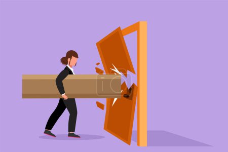 Illustration for Graphic flat design drawing young businesswoman holding large log and destroying door. Overcome business challenges, destroying obstacles with power and brute force. Cartoon style vector illustration - Royalty Free Image