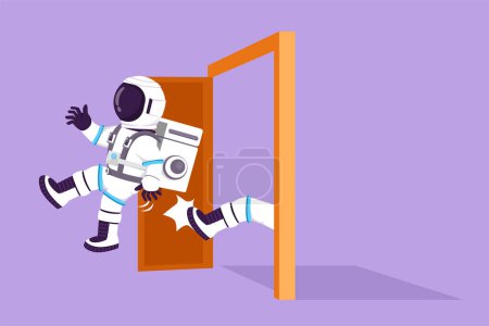 Illustration for Cartoon flat style drawing young astronaut get kicked out of door in moon surface. Dismissed from job. Boss kicks unnecessary employee. Cosmic galaxy space concept. Graphic design vector illustration - Royalty Free Image