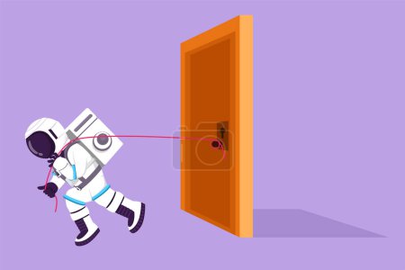 Illustration for Graphic flat design drawing young astronaut trying hard to pulling heavy door frame with rope in moon surface. Metaphor facing problem. Cosmonaut deep space concept. Cartoon style vector illustration - Royalty Free Image