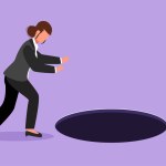 Graphic flat design drawing businesswoman looking at black hole. Manager wondering and looking at big hole, business concept in opportunity, exploration or challenge. Cartoon style vector illustration
