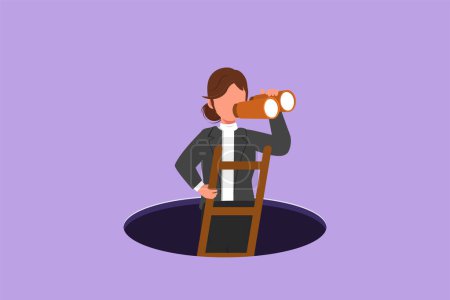 Graphic flat design drawing of businesswoman climbs out of hole by ladder and using binocular. Business vision, idea, solution. Looking for opportunity and challenge. Cartoon style vector illustration