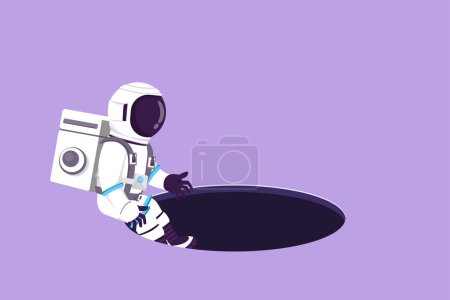 Ilustración de Personaje plano dibujo joven astronauta desciende en el agujero en la superficie de la luna. Concepto de fracaso para aprovechar las oportunidades de exploración. Cosmonauta del espacio exterior. Dibujos animados vector de diseño ilustración - Imagen libre de derechos