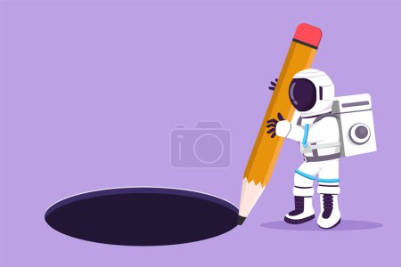 Illustration for Cartoon flat style drawing young astronaut making circle of hole with big pencil in moon surface. Failure or defeat spaceman at galaxy. Cosmonaut deep space concept. Graphic design vector illustration - Royalty Free Image